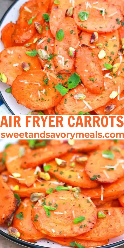 Air Fryer Carrots are roasted and caramelized with savory soy sauce and garlic powder and topped with fresh basil, parsley, and pistachios. Multi Cooker Recipes, Eating Carrots, Cooked Carrots, Carrot Recipes, Fun Easy Recipes, Air Fryer Recipes Easy, Healthy Side Dishes, Side Recipes, Side Dishes Easy