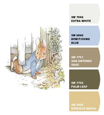 Paint colors from Chip It! by Sherwin-Williams Beatrix Potter Color Palette, Peter Rabbit Color Palette, Vintage Peter Rabbit Nursery, Nursery Color Palette, Beatrix Potter Nursery, Vintage Baby Nursery, Rabbit Colors, Decor Color Schemes, Rabbit Painting