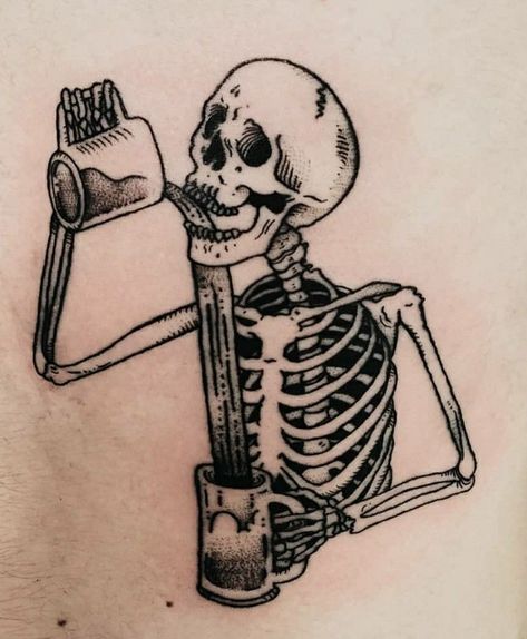 beer tattoo Skeleton With Beer Tattoo, Mens Skeleton Tattoo, Men Skeleton Tattoo, Skeleton Beer Tattoo, Skeleton Tattoo For Men, Skeleton Drinking Tattoo, Skeleton Flash Tattoo, Funny Tattoo Ideas For Men, American Traditional Skeleton Tattoo