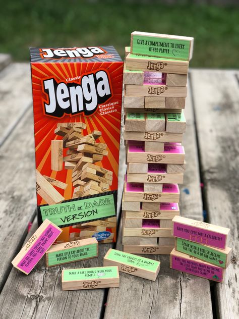 Jenga Game Truth Or Dare, Birthday Jenga Game, Painted Jenga Blocks Game, Jenga Truth Or Dare Ideas, Jenga Dares, Couples Jenga, Jenga Truth Or Dare, Dare Jenga, Truth Or Dare Jenga