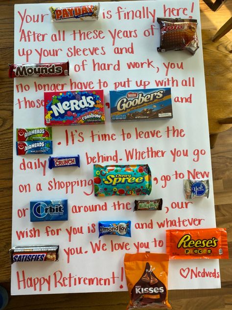 Candy Retirement Board, Candy Bar Retirement Poster, Cheap Retirement Party Ideas, Retirement Poster Ideas Signs, Creative Retirement Gift Ideas, Retirement Candy Poster, Fun Retirement Gift Ideas, Retirement Gift Ideas For Teachers, Teacher Candy Bar Poster