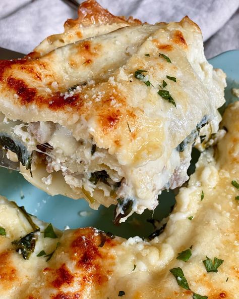 White Lasagna Recipe (with Béchamel, Italian Sausage, and Spinach) | Kitchn Lasagna Recipe With Ricotta Beef, White Lasagna Recipe, Recipe With Ricotta, White Sauce Lasagna, Sausage Ricotta, Italian Sausage Lasagna, Lasagna Recipe With Ricotta, Sausage And Spinach, White Lasagna