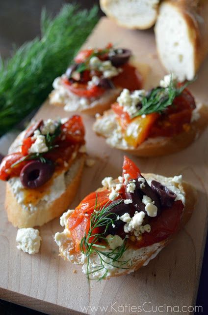 Greek Crostini with Whipped Feta - Katie's Cucina | Katie's Cucina Greek Crostini, Greek Christmas, Crostini Appetizers, Crostini Recipes, Greek Easter, Whipped Feta, Pot Luck, Lebanese Recipes, Recipe Board