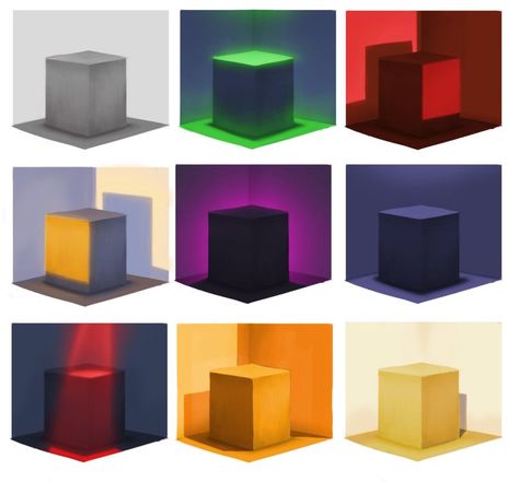 Different Types Of Lights, Lighting Exercise Drawing, Types Of Lighting Drawing, Color And Light Study, How To Paint Light, Types Of Shading, Lighting Theory, Cube Lighting, Color Exercises