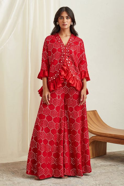 Buy Twenty Nine Red Georgette Mirror Embellished Jacket Online | Aza Fashions Red Palazzo Pants, Handwork Designs, Red Sharara, Exhibition Ideas, Sharara Pants, Happy Dresses, Draping Fashion, Kurti Set, Coord Set