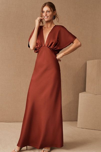 Elegant Solid Maxi Dress With Flutter Sleeves, Elegant Solid Color Maxi Dress With Flutter Sleeves, Evening Dress With Flutter Sleeves, Solid Color Evening Dress With Flutter Sleeves, Pre-draped V-neck Maxi Dress For Weddings, Elegant Evening Maxi Dress With Flutter Sleeves, Elegant Flutter Sleeve Dress In Solid Color, Elegant Dress With Flutter Sleeves In Solid Color, V-neck Maxi Dress With Draped Sleeves For Gala