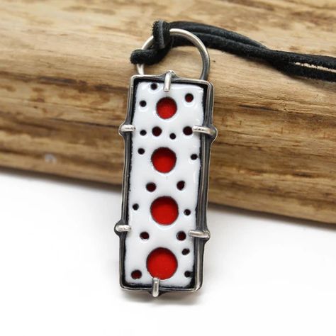 Rectangular Red and White Enamel Pendant in Sterling Silver – Kathy Bankston #enamel #enameljewelry #pendant #artjewelry Enameling Jewelry, Terracotta Jewellery Making, Ceramic Bead Jewelry, Enameled Jewelry, Found Object Jewelry, Cloisonne Jewelry, Polymer Clay Jewelry Tutorials, Handmade Gifts For Her, Polymer Jewelry