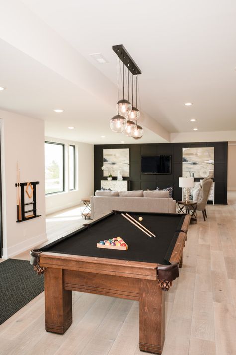 Game Rooms With Pool Tables, Modern Coastal Basement, Modern Farmhouse Game Room, Pool Table Basement Ideas, Basement Ideas With Pool Table, Basement Games Room Ideas, Coastal Basement Ideas, Pool Table Basement, Basement Decorating Ideas Cozy Living