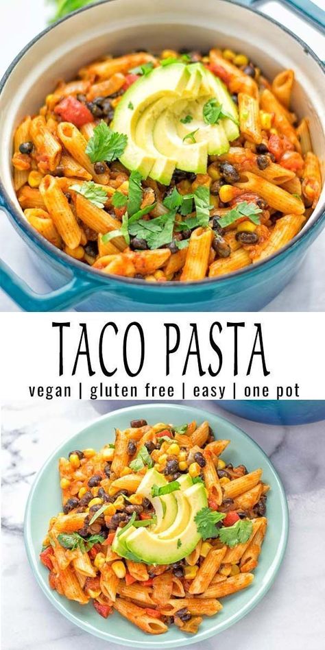 With salsa and black beans, this One Pot Taco Pasta is naturally vegan, gluten free. So versatile with many optional additions, it is a protein rich lunch or dinner, packed with mouthwatering flavors and a winning combination for everyone. #vegan #plantbased #onepot #pasta #Mexican #taco #lunch #dinner #mealprep #worklunchideas #easyfood #glutenfree #contentednesscooking One Pot Taco Pasta, Pasta Taco, Contentedness Cooking, Resep Pasta, Cooking Pasta, Taco Pasta, Vegan Pasta Recipes, Resep Diet, Tasty Vegetarian Recipes