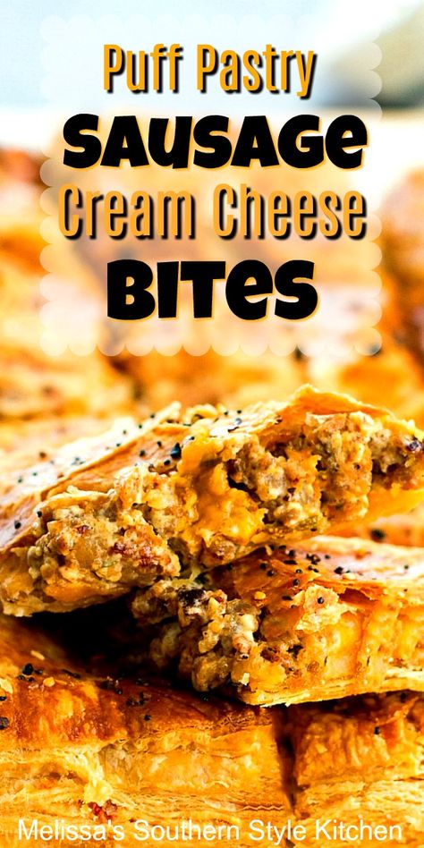 Cream Cheese Bites, Sausage Puffs, Puff Pastry Recipes Savory, Sausage Cream Cheese, Cream Cheese Puff Pastry, Sausage Bites, Sausage Appetizers, Breakfast Pastry, Puff Pastry Appetizers