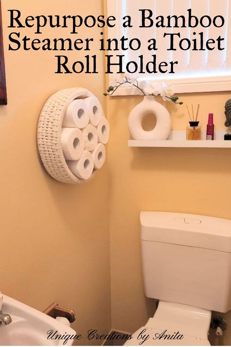 Bamboo Steamer Toilet Roll Holder - Unique Creations By Anita Bamboo Steamer, Wall Mounted Storage, Guest Toilet, Bamboo Basket, Repurposed Items, Wall Mounted Toilet, Toilet Roll Holder, Roll Holder, Toilet Paper Roll