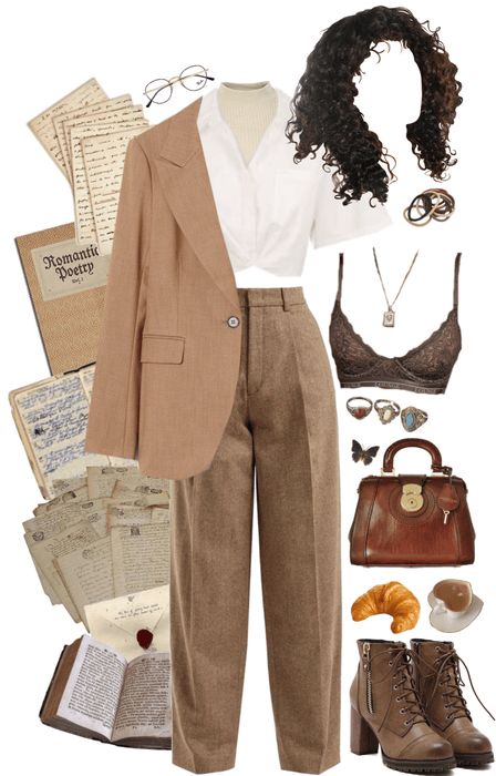 Dark Academia Outfit Polyvore, Cottagecore Academia Aesthetic Outfit, Light Acedima Outfits, Light Academia Work Outfit, Light Academia Outfit Pants, Light Acedemia Girl Outfits, Light Academia Outfit Aesthetic, Writer Academia Outfit, Light Academia Fall Outfits