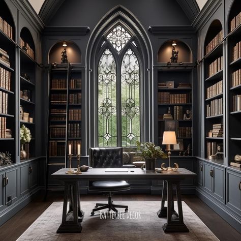 Gothic Study, Victorian Gothic Home Decor, Gothic Victorian House, Dark Medieval, Gothic Interior Design, Castle Architecture, Floor To Ceiling Bookshelves, Gothic Interior, Dark Home Decor