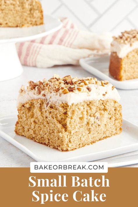 This small batch Spice Cake is full of warm, cozy spices and topped with a dreamy cinnamon frosting. There's a lot of big flavor in this little cake! (Make 4 to 6 servings.) Spice Cake For Two, High Altitude Spice Cake Recipe, Small Batch Spice Cake, Small Spice Cake, 6” Cake, Small Batch Cake Recipe, Snack Cake Recipes, Small Cake Recipes, Small Batch Cake