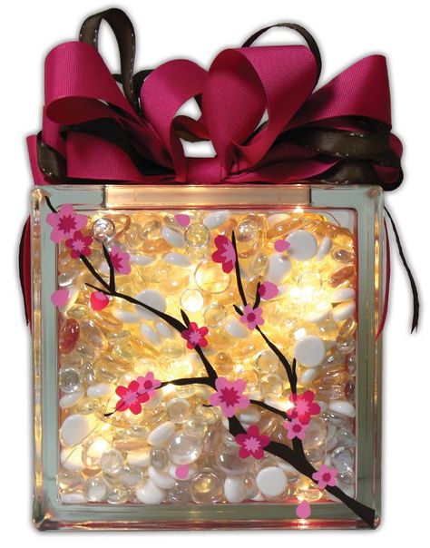 Cherry Blossom Glass Block Clear Glass Block Ideas, Glass Box Ideas, Painted Glass Blocks, Christmas Glass Blocks, Decorative Glass Blocks, Glass Block Crafts, Lighted Glass Blocks, Wood Craft Patterns, Painted Box