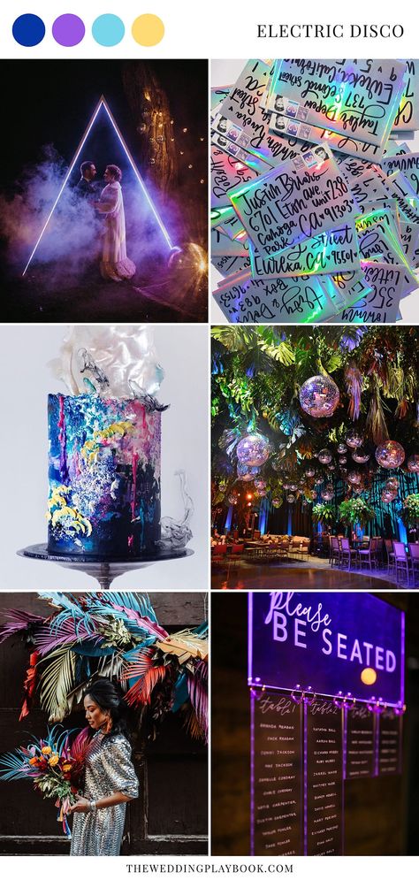 Electric Disco Wedding Ideas Woodland Disco Wedding, Luxe Disco Wedding, Edm Wedding Reception, Synthwave Wedding, Non Traditional Wedding Colors, Electric Wedding Theme, Wedding Club Party, Rave Themed Wedding, Electric Disco Party