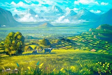 My Favorite Fantasy Artwork - post - Imgur Fantasy Farmland, Land Of Oz, Scenery Background, Fantasy Forest, Fantasy City, Fantasy Places, Green Landscape, Personal Project, Futuristic Architecture