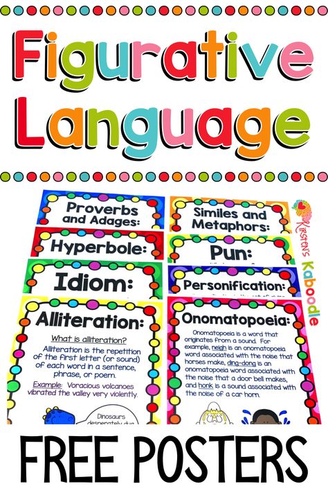 Teaching your students about figures of speech? These figurative language posters are free and include examples of proverbs, adages, hyperboles, idioms, alliteration, similes, metaphors, puns, personification, and onomatopoeia. They are perfect for your figurative language bulletin board, classroom activities, or as anchor charts. Get started teaching figures of speech with these colorful posters. Enter your name and email address to access these and many other resources. #figurativelanguage Anchor Chart Figurative Language, Figurative Language Posters Free, Idiom Anchor Chart, Similes And Metaphors Anchor Chart, Idioms Anchor Chart, Figures Of Speech Poster, Alliteration Anchor Chart, Hyperbole Activities, Figurative Speech