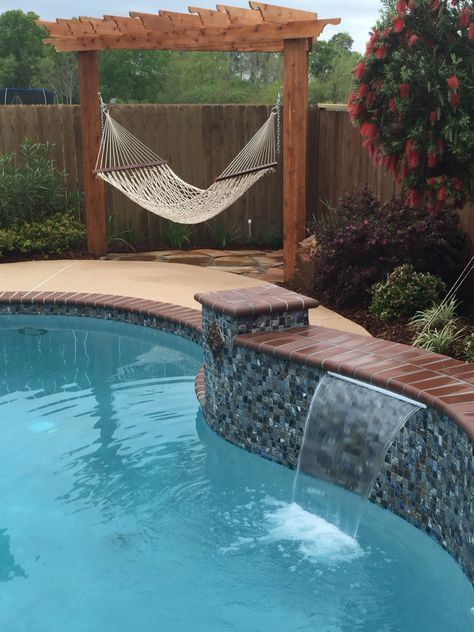 Hammock by a pool Hammock By The Pool, Hammock Pool Ideas, Pool With Hammock, Pool Hammock Ideas, Hammock By Pool, Hammock Over Pool, Patio Hammock Ideas, Hammocks Backyard, Hammock Ideas Backyard