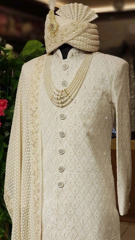 #fashion, #style, #outfitinspiration, #beauty Men Sherwani Wedding Indian Groom, Men Sherwani Wedding, Groom Indian Wedding Outfits, Groom Wedding Outfit, White Sherwani, Wedding Party Dress Guest, Sherwani Wedding, Men Sherwani, Indian Groom Dress