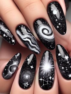 Black Nails Stars, Black Celestial Nails, Night Sky Nails, Celestial Nails, Matte Nail Colors, Black And White Nail, Black And White Nail Designs, Light Blue Nails, Sky Nails