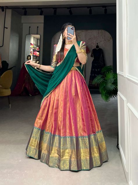 Pavadai Thavani, Kanjivaram Lehenga, Kanjivaram Blouse, Ceremonial Wedding, Zip Stitching, Onam Outfits, Red Lehenga Choli, Simple Lehenga, Half Saree Lehenga