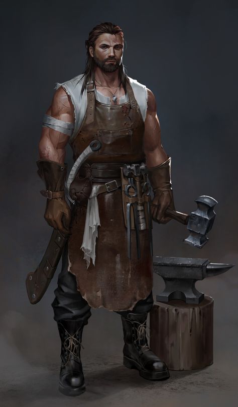 Blacksmith Art Character, Blacksmith Larp, Blacksmith Rpg, Fantasy Blacksmith Shop, Medieval Peasant Art, Blacksmith Concept Art, Anime Blacksmith, Blacksmith Drawing, Blacksmith Character Design