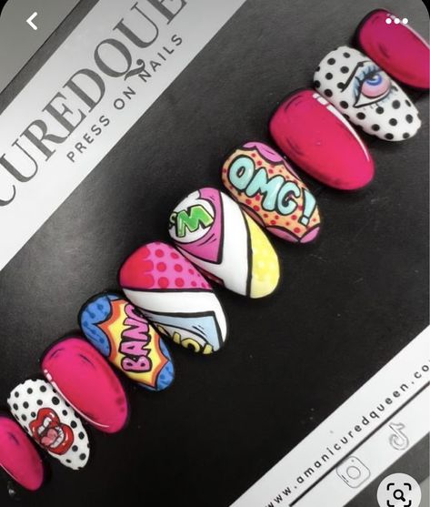 Comic Nail Art, Comic Book Nails, Book Nail Art, Graffiti Nails, Pop Art Nails, Boho Nails, Funky Nail Art, Art Deco Nails, Nail Designs Tutorial