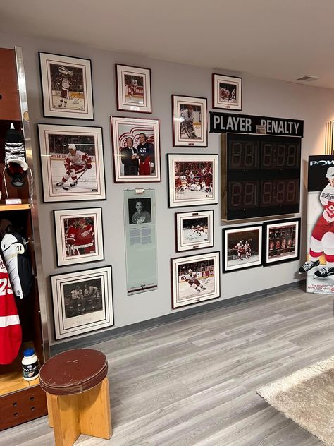 Hockey Jersey Display Ideas, Man Cave Jersey Display, Jersey Wall Display Man Cave, Hockey Memorabilia Display, Sports Memorabilia Display Wall Man Cave, Shadow Box Jersey Display, Jersey Display, Gaming Room Setup, Gaming Room