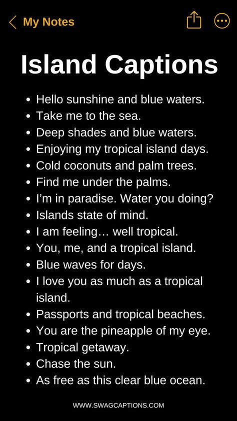 Discover the ultimate collection of island-inspired captions perfect for your Spring Break getaway! From sandy shores to palm-fringed beaches, these captions will add a touch of tropical flair to your Instagram posts. Whether you're soaking up the sun with a fruity drink in hand or exploring hidden gems of paradise, find the perfect words to capture every moment of your island adventure. Island Life Quotes, Instagram Captions For Pictures, Dope Captions For Instagram, Vacation Captions, Island Quotes, Of Captions, One Word Instagram Captions, Describing Words, Short Instagram Quotes