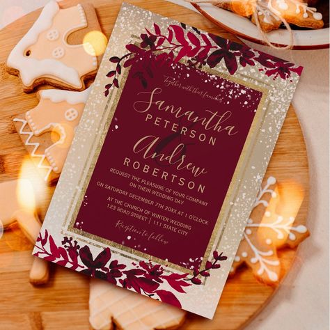 gold typography leaf snow red winter wedding invitation Christmas Wedding Invites, Christmas Wedding Ideas Elegant, Elegant Winter Wedding Ideas, Red Winter Wedding, Elegant Winter Wedding Invitations, Wedding Christmas Card, Christmas Winter Wedding, Red And Gold Wedding, Green Typography