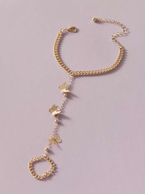 1pc Butterfly Charm Finger Ring Chain Bracelet | SHEIN USA Ring Chain Bracelet, Gold Butterfly Ring, Gold Finger Rings, Hand Chain Bracelet, Latest Bracelets, Ring Chain, Butterfly Bracelet, Stylish Bracelet, Bracelet Ring