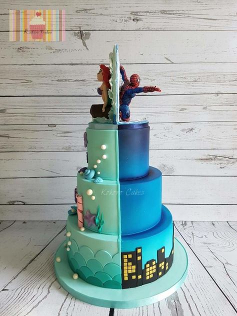 Half Spiderman / half the little mermaid  by Kokoro Cakes by Kyoko Grussu Combined Birthday Parties, Rodjendanske Torte, Half Birthday Cakes, Twin Birthday Cakes, Twins Cake, New Birthday Cake, Little Mermaid Cakes, Idee Babyshower, New Birthday