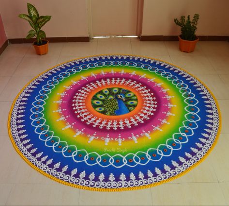 Happy New Year Rangoli Design, Colour Rangoli Designs, Mini Rangoli, 2024 Diwali, Mandala Colour, Peacock Rangoli Designs, Mandala Rangoli, Happy Diwali Rangoli, Bal Ganesh