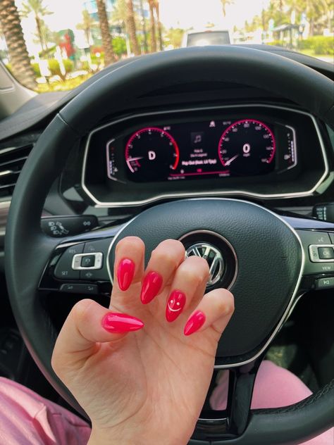 Orange Nails With Smiley Face, Red Smiley Face Nails, Hot Pink Nails With Smiley Face, Smily Face Nail Design, Pink Smiley Face Nails, Hot Pink Summer Nails, Mom Nails, 2022 Nails, Pink Summer Nails