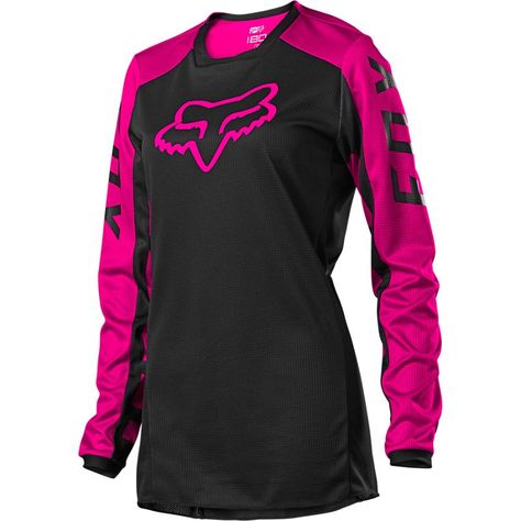 Buy WMNS 180 DJET JERSEY [BLK/PNK] S at Fox Racing® Fox Racing Clothing, Dirt Bike Gear, Cycle Store, Motocross Jersey, Cycling Pants, Pink Fox, Moto Cross, Mens Gear, Bike Jersey