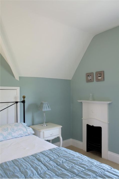 Wall color is Farrow and Ball Green Blue Duck Egg Blue Bedroom, Farrow Bal, Dining Room Fireplace, Dining Room Blue, Farrow And Ball Paint, Farrow And Ball, Bedroom Color Schemes, Trendy Bedroom, Spare Bedroom