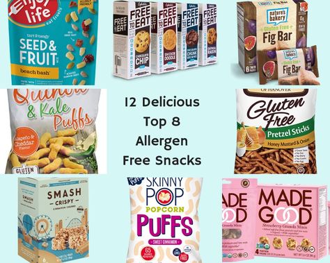 Top 8 Allergen Free Snacks—everything on the list is free of Dairy, Soy, Wheat, Eggs, Nuts, Fish, and Shellfish. All are also gluten free. Many are vegan/vegetarian, organic, and/or non-GMO Allergen Free Snacks, Top 12 Allergen Free Recipes, Dairy And Soy Free Snacks, Soy Free Foods List, Top Allergen Free Recipes, Allergy Friendly Snacks, Top 8 Allergy Free Recipes, Soy Free Snacks, Allergy Free Snacks