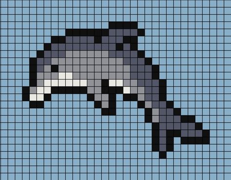 A pixel art template of a dolphin with a darker to lighter grey tone. Pixel Art Pattern Dolphin, Perler Bead Seahorse, Marine Pixel Art, Starfish Pixel Art, Sea Animals Pixel Art, Seashell Pixel Art, Sea Animal Perler Beads, Stingray Pixel Art, Sea Creature Pixel Art