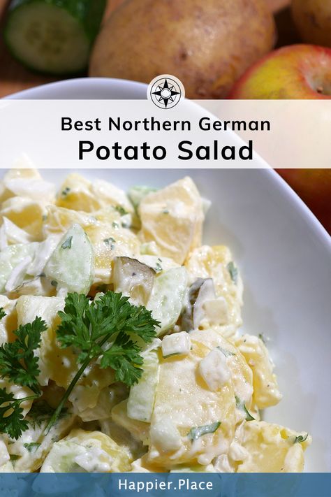 Crunchy, refreshing and satisfying: The Best Northern German Potato Salad recipe with apple and cucumber - #HappierPlace #recipe #easyrecipe #picnic via @HappierPlace Octoberfest Recipes, German Salads, Recipe With Apple, Potato Salad With Apples, Veg Salads, German Cucumber Salad, German Potato Salad Recipe, Potato Salad Dressing, Potato Salad With Egg