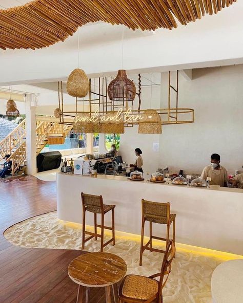 Beach Coffee Shop Aesthetic, Bali Cafe Interior, Beach Cafe Interior, Beachy Restaurant, Beach Cafe Design, Beach Cafe Aesthetic, Boho Style Restaurant, Mediterranean Restaurant Design, Beach Coffee Shop