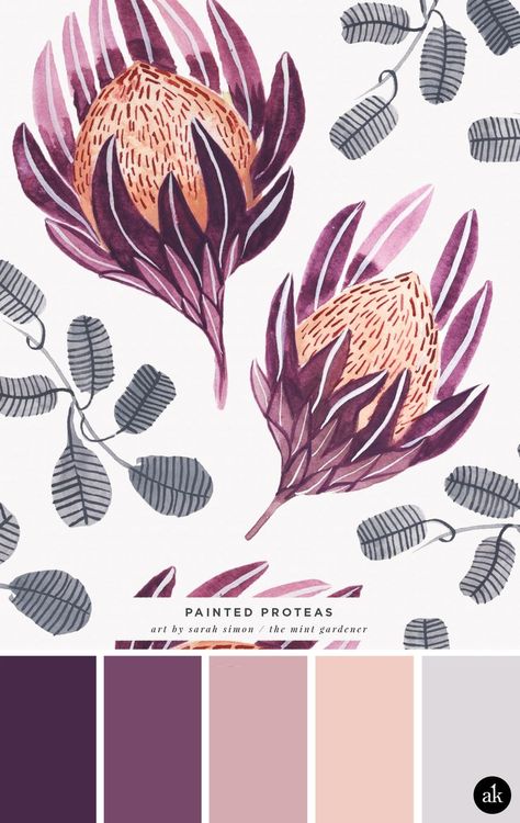 -inspired color palette | purple, peach, gray | art by Sarah Simon / The Mint Gardener Color Durazno, Creative Brands, Purple Palette, Modern Brands, Purple Color Palettes, Grey Art, Design Seeds, Color Palette Design, Color Inspo