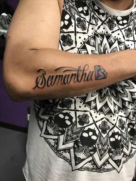 Script name tattoo. I love the purple diamond. Diamond Name Tattoo, Script Name Tattoo, Tattoo Name, Purple Diamond, Name Tattoo, Name Tattoos, The Purple, Tattoo Quotes, I Love