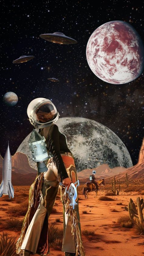 #spacecowboy #surrealism #space #spacecore #cowboy #cowgirl Space Cowgirl Wallpaper, Alien Cowboy Aesthetic, Cool It Cowboy Wallpaper, See You Space Cowboy Wallpaper, Space Cowboy Wallpaper, Cosmic Cowboy, Cowboys And Aliens, Cowboy Wallpaper, Space Cowboy