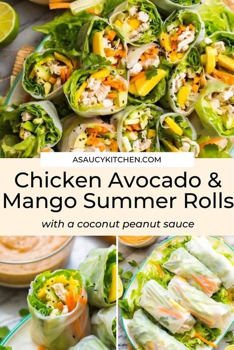 Chicken Fresh Rolls, Summer Rolls With Chicken, Mango Avocado Spring Rolls, Avocado Rice Paper Rolls, Simple Rice Paper Recipes, Coconut Wraps Filling Ideas, Summer Roll Recipe, Healthy Rice Paper Wraps, Rice Paper Wraps Recipes Lunch Ideas