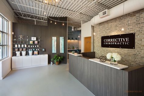 Retail Coffee Bar, Office Front Desk, Chiropractic Office Decor, Brick Logo, Chiro Office, Construction Office, Chiropractic Office Design, Reception Area Design, Exposed Ceiling