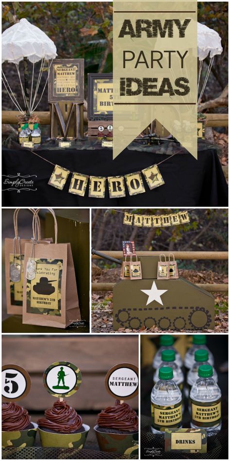 What a great Army party for a five year old boy with lots of camouflage party decorations! See more party ideas at CatchMyParty.com! Army Themed Birthday, Soldier Party, Deployment Party, Camo Birthday Party, Camouflage Party, Army Birthday Parties, Army Retirement, Army Birthday, Camo Birthday