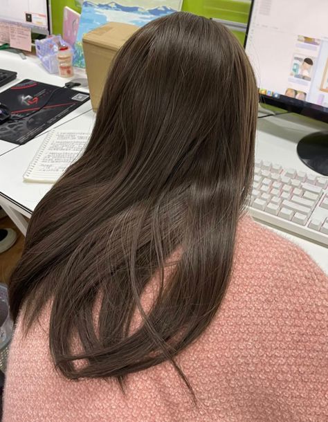 Brown Hair For Asian Women, Hair Color For Students, No Bleach Brown Hair, Japanese Brown Hair, Ashy Chocolate Brown Hair, Ash Brown Hair Asian, Olive Brown Hair, Light Brown Hair Solid Color, Basic Hair Color