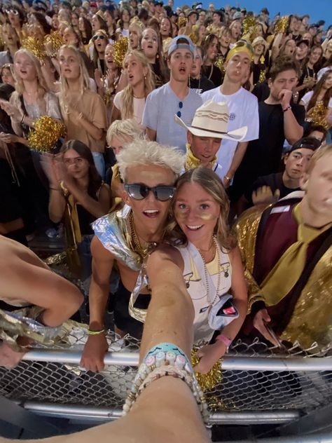 Gold And Black Football Outfit, Gold Rush Theme Football Game, Gold Out Theme Football Game, Gold Football Theme Outfits, Game Day High School, Spirit Themes High Schools, Gold Theme Football Game Outfit, Football Game Outfit Inspo High School, Gold Football Game Outfit