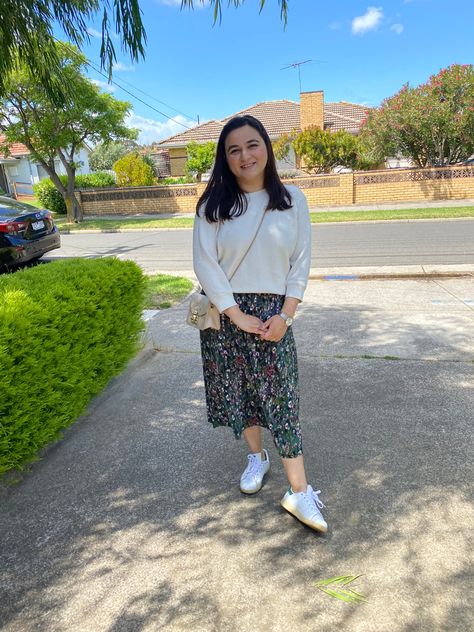 Uniqlo waffle shirt, Kmart green printed midi skirt, adidas white superstar sneakers, Nude furla metropolis outfit Uniqlo Waffle Shirt Outfit, Furla Metropolis Outfit, Waffle Shirt Outfit, Furla Metropolis, Waffle Shirt, Printed Midi Skirt, Adidas White, Green Print, White Adidas